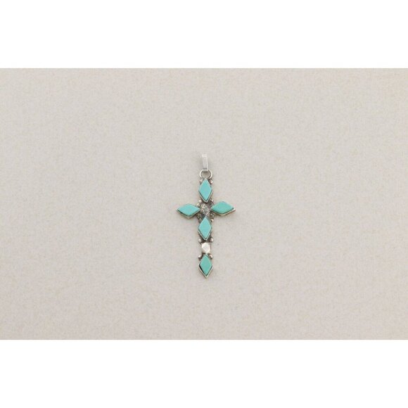 Pendant Only Sterling Silver Turquoise Cross Pendant 2" x 7/8" - Picture 5 of 6